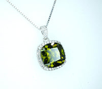 Large Square synthetic Peridot Necklace Gemstone Halo 5 CT Green Gemstone Pendant White Gold coated Sterling Silver #377
