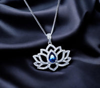 Blue Sapphire Necklace Lotus Flower Style Water lily Pendant 18KGP @ Sterling Silver Birthstone Jewelry #1017