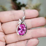 Large Pink Tourmaline Necklace - Leaf Oval 6 CT Fuchsia Red Tourmaline Pendant - 18kGP @ Sterling Silver 1093