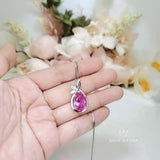 Large Pink Tourmaline Necklace - Leaf Oval 6 CT Fuchsia Red Tourmaline Pendant - 18kGP @ Sterling Silver 1093