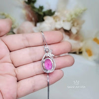 Large Pink Tourmaline Necklace - Leaf Oval 6 CT Fuchsia Red Tourmaline Pendant - 18kGP @ Sterling Silver 1093