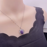 Charoite Necklace Sterling Silver - Diamond Surround Solitaire Natural Charoite Pendant Genuine Purple Real High Energy Third Eye Heal 1071