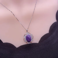 Charoite Necklace Sterling Silver - Diamond Surround Solitaire Natural Charoite Pendant Genuine Purple Real High Energy Third Eye Heal 1071