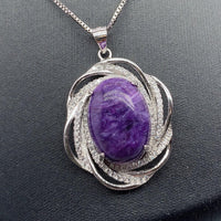 Charoite Necklace Sterling Silver - Diamond Surround Solitaire Natural Charoite Pendant Genuine Purple Real High Energy Third Eye Heal 1071