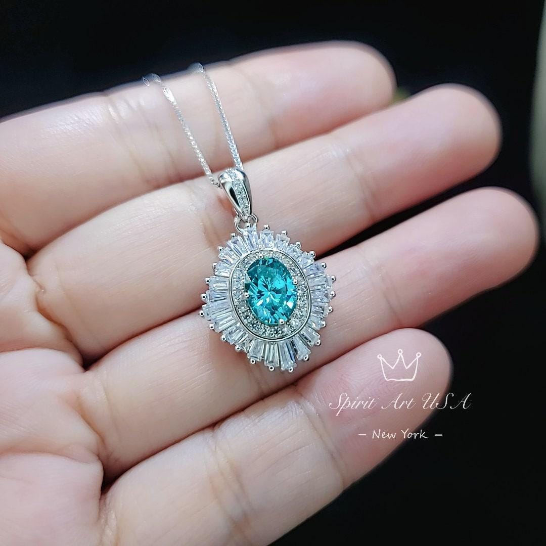 Gemstone Halo Green Paraiba Necklace Sparkling Paraiba Tourmaline Necklace - White Gold coated Sterling Silver 1.5Ct Paraiba Pendant #1008