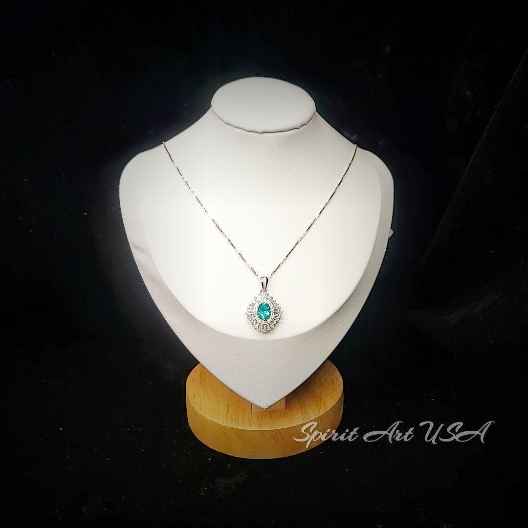 Gemstone Halo Green Paraiba Necklace Sparkling Paraiba Tourmaline Necklace - White Gold coated Sterling Silver 1.5Ct Paraiba Pendant #1008