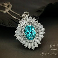 Gemstone Halo Green Paraiba Necklace Sparkling Paraiba Tourmaline Necklace - White Gold coated Sterling Silver 1.5Ct Paraiba Pendant #1008