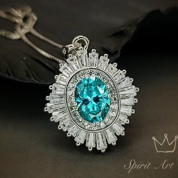 Gemstone Halo Green Paraiba Necklace Sparkling Paraiba Tourmaline Necklace - White Gold coated Sterling Silver 1.5Ct Paraiba Pendant #1008