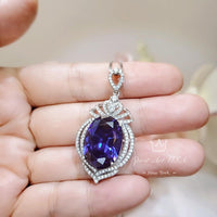 Large Tanzanite Sterling Silver Necklace 14 ct Oval fine Cut Blue Tanzanite Pendant - Crown Pendant 18k White Gold Coated Jewelry #916