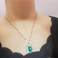 Natural Malachite Necklace - 18KGP @ Sterling Silver - Large Genuine Oval Green Malachite Pendant - Heart Chakra Healing 1117