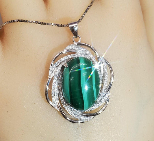 Natural Malachite Necklace - 18KGP @ Sterling Silver - Large Genuine Oval Green Malachite Pendant - Heart Chakra Healing 1117
