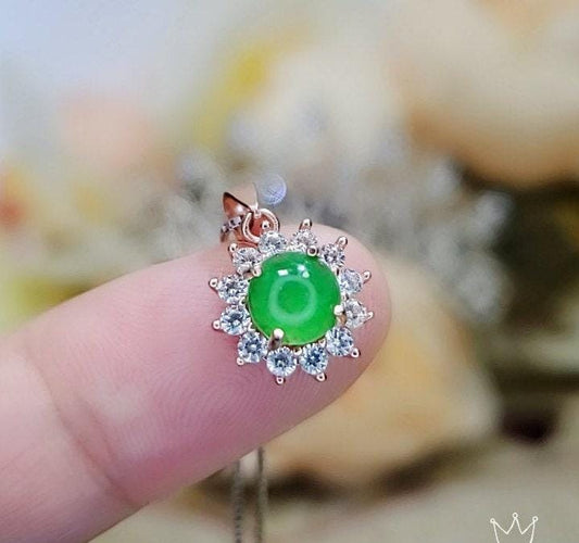 Rose Gold Green Jade Necklace Tiny Diamond Sunflower Sterling Silver Princess Diana Style Green Jade Pendant Jewelry 1077