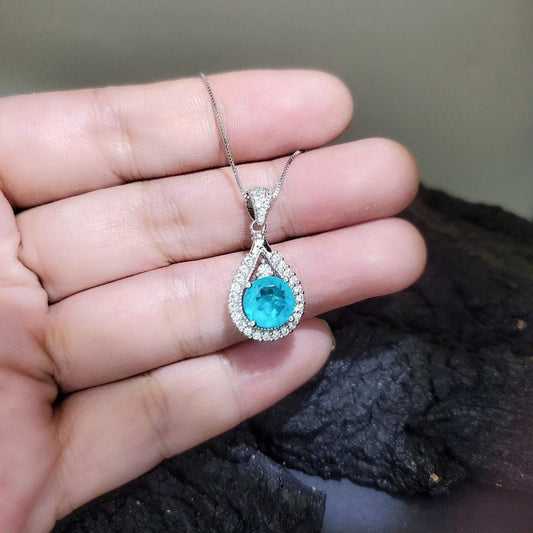 Round Paraiba Necklace - 2 CT Created Blue Tourmaline Paraiba Teardrop Sterling Silver Pendant 092