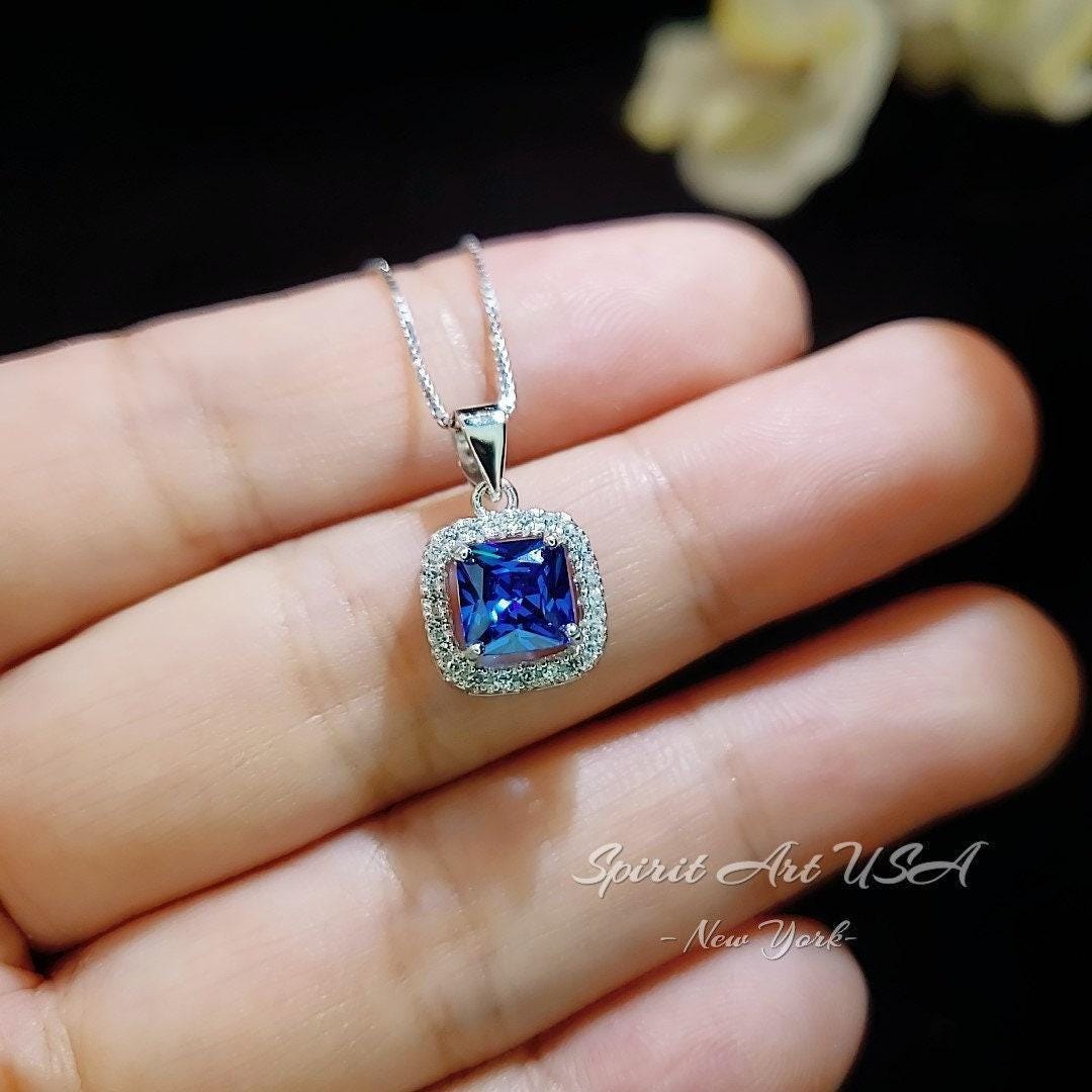 Tiny Square Blue Sapphire Necklace Sterling Silver Halo White Gold Coated September Birthstone Lab Created Minimalist 028