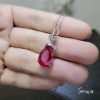 5.5 CT Teardrop Red Ruby Necklace， Diamond Crown Flower Red Ruby Pendant， Sterling Silver White Gold Plated July Birthstone 1029