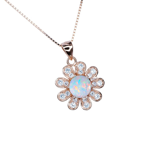 MINI Rose Gold Fire Opal Necklace Sterling Silver Sunflower style Round Tiny White Opal Pendant Solid 18kgp 069