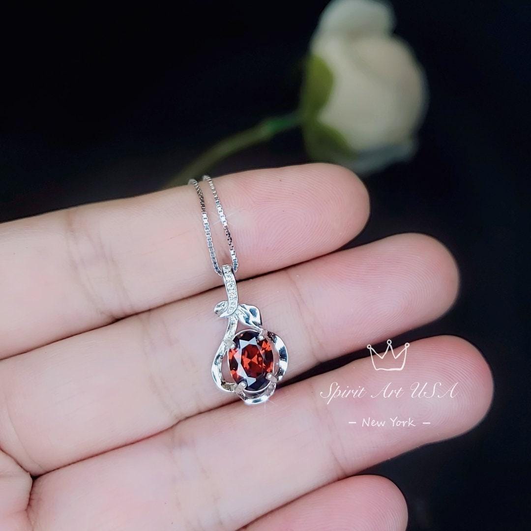 Garnet Necklace, Spessartite Garnet, Sterling Silver - January Birthstone - Minimalist Necklace - Dainty Silver Flower Necklace