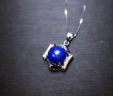 Sterling Silver Lapis Lazuli Necklace, Blue Stone Hexagon Six Sides Geometric Halo Natural Cobalt Lapis Lazuli Box Chakra Healing 1030