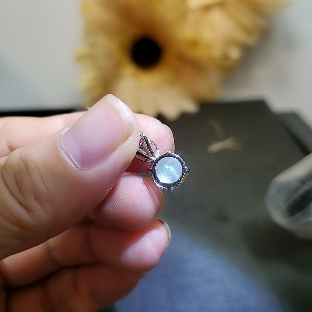 Single White Opal Necklace Sterling Silver Solitaire Simple Delicate 8 MM Fire Opal Pendant 083