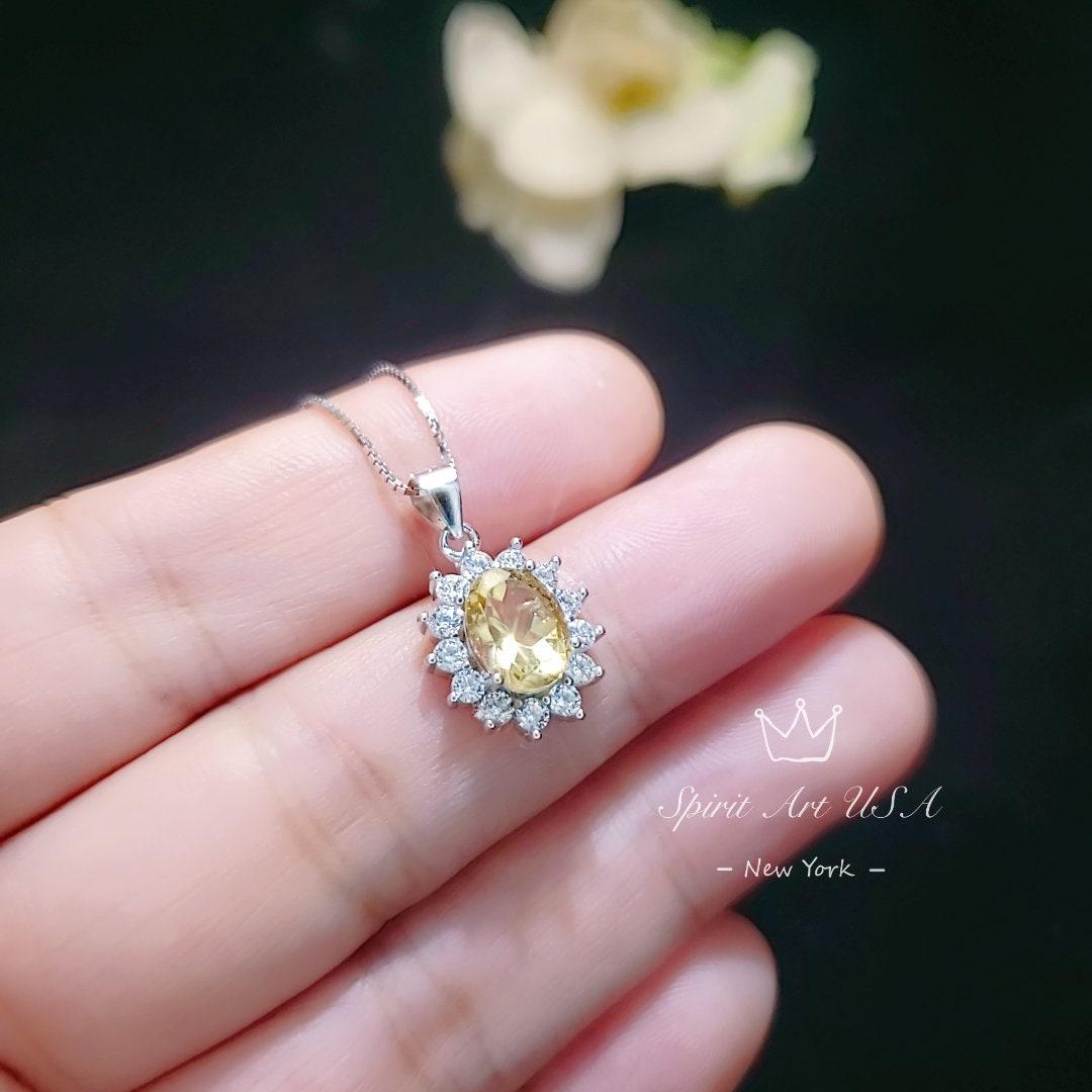 Sterling Silver Genuine Citrine Necklace, Halo Solitaire Citine Pendant, High Quality Fine Citrine Jewelry, diamond Stone 1066