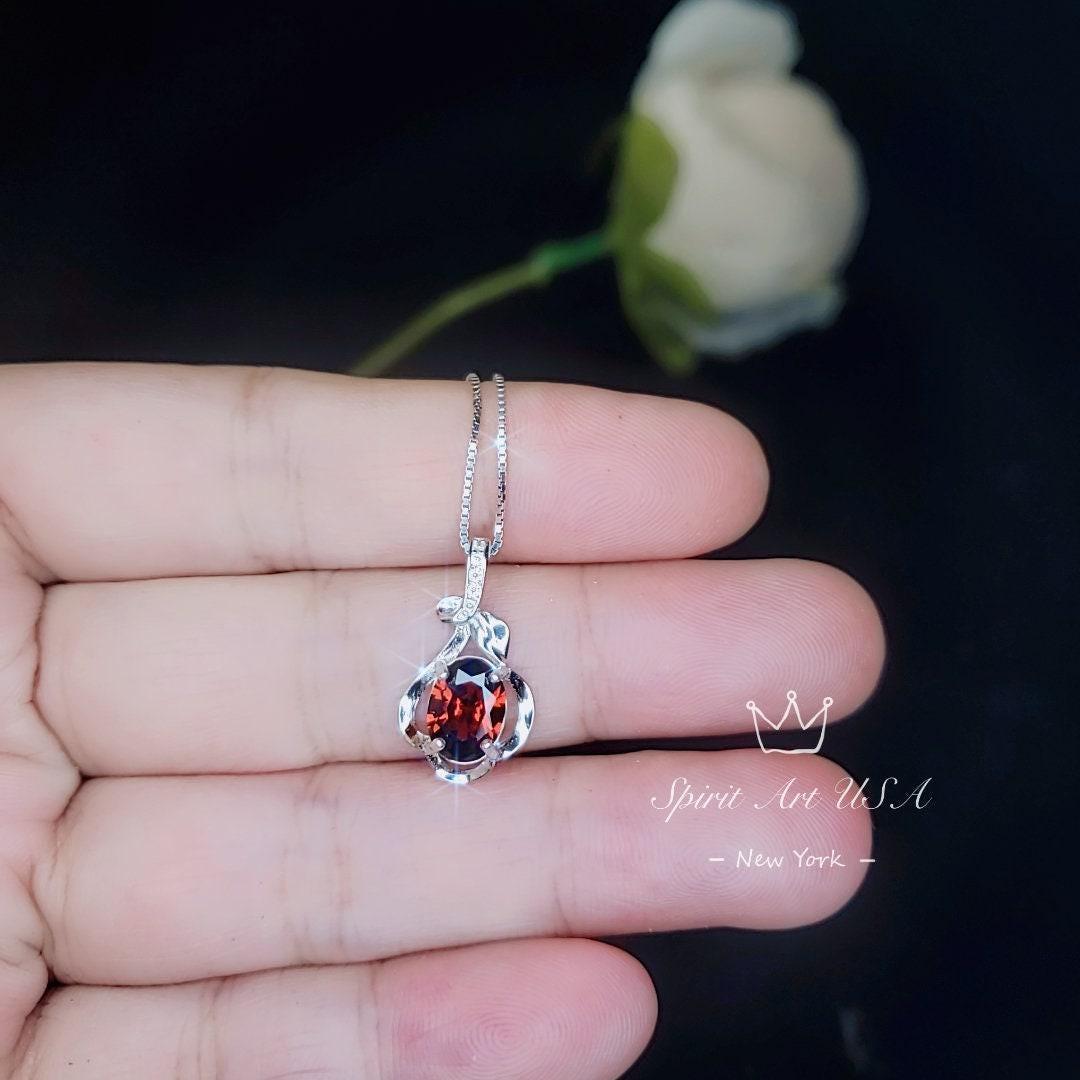 Garnet Necklace, Spessartite Garnet, Sterling Silver - January Birthstone - Minimalist Necklace - Dainty Silver Flower Necklace