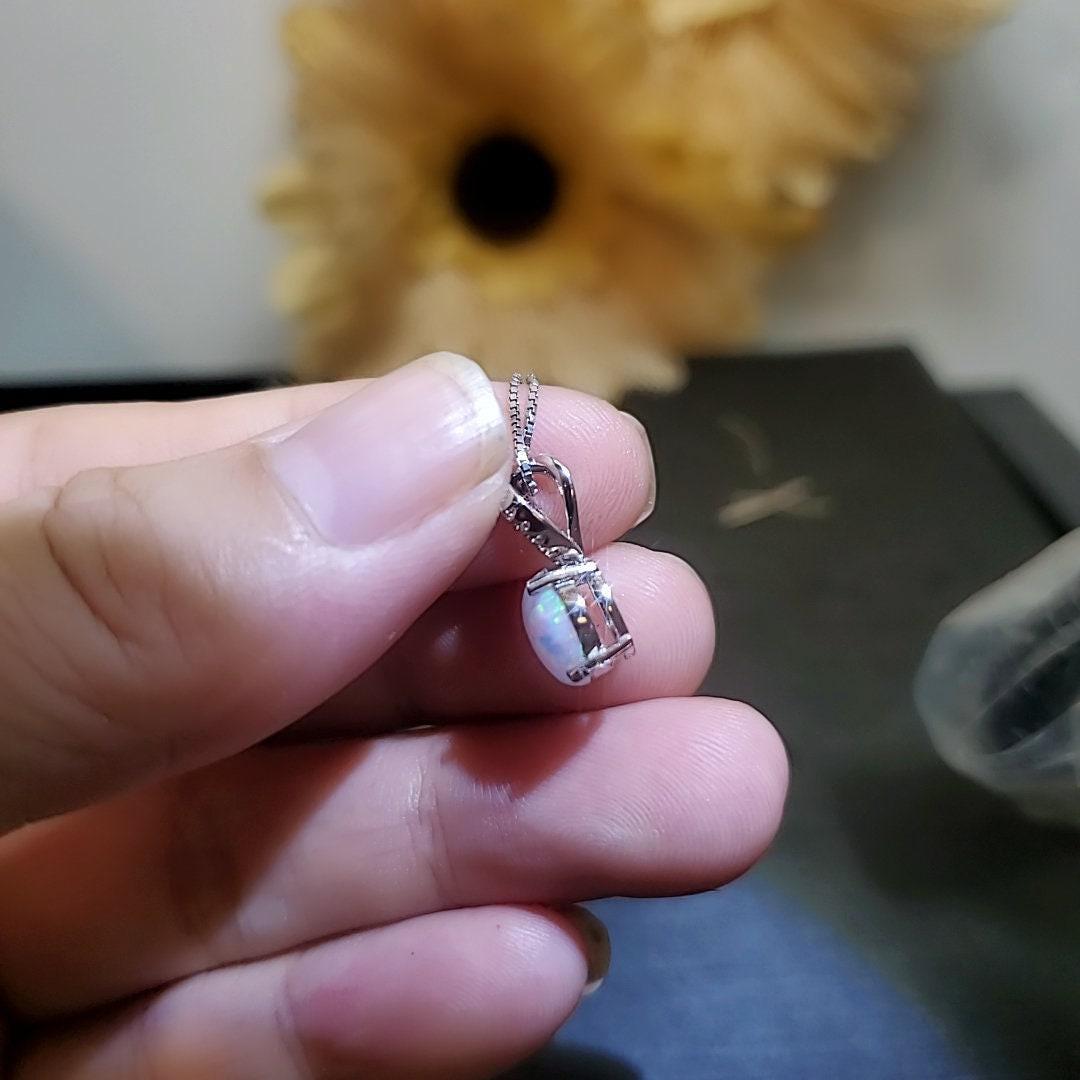 Single White Opal Necklace Sterling Silver Solitaire Simple Delicate 8 MM Fire Opal Pendant 083