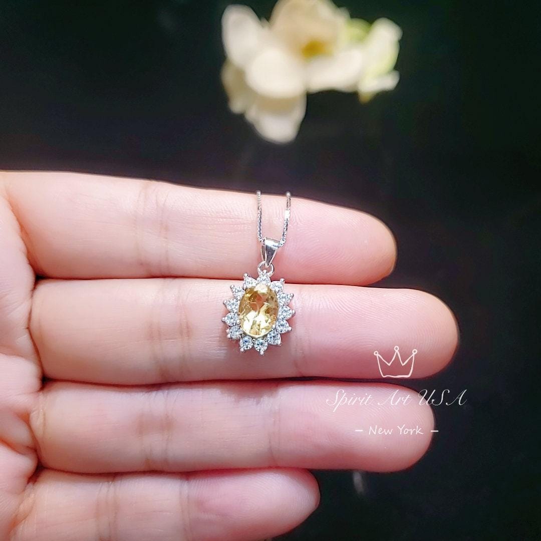 Sterling Silver Genuine Citrine Necklace, Halo Solitaire Citine Pendant, High Quality Fine Citrine Jewelry, diamond Stone 1066