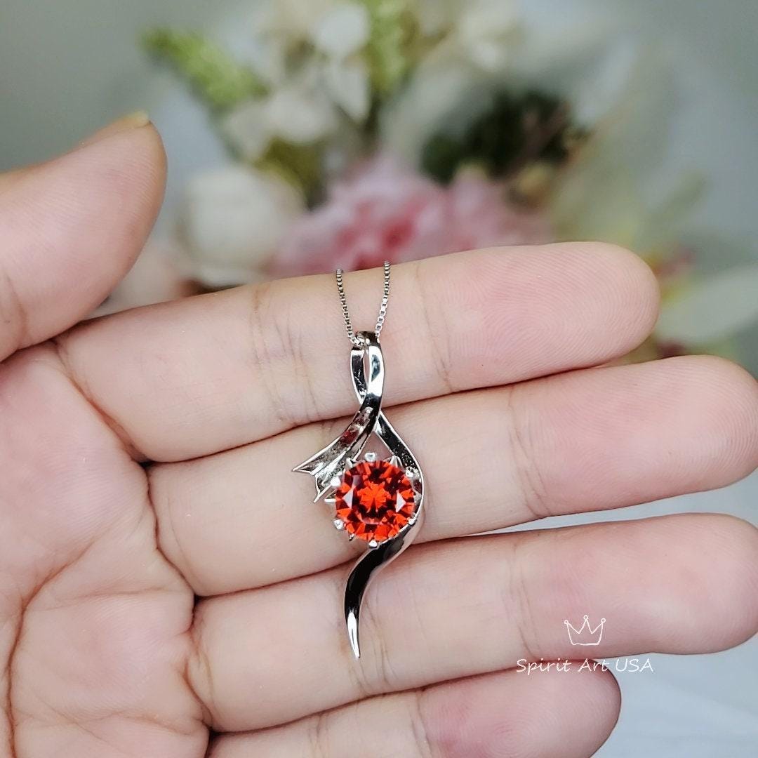 Dynamic Bow Orange Spessartite Garnet Necklace, White Gold coated Sterling Silver 2 CT Orange gemstone pendant #566