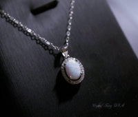 Blue Opal Necklace, sterling silver rainbow White Opal CZ Necklace, Solitaire Opal Box Chain Minimalist High Quality