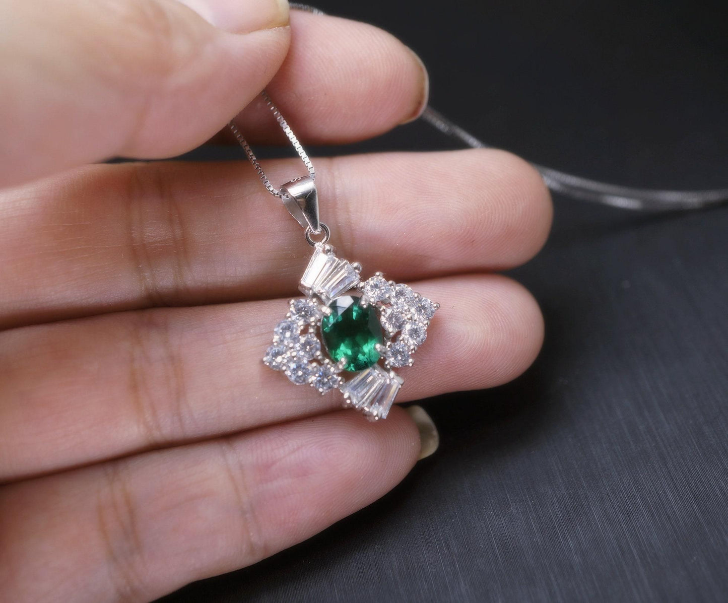 Emerald Necklace Sterling Silver Square Green emerald pendant May birthstone 1026