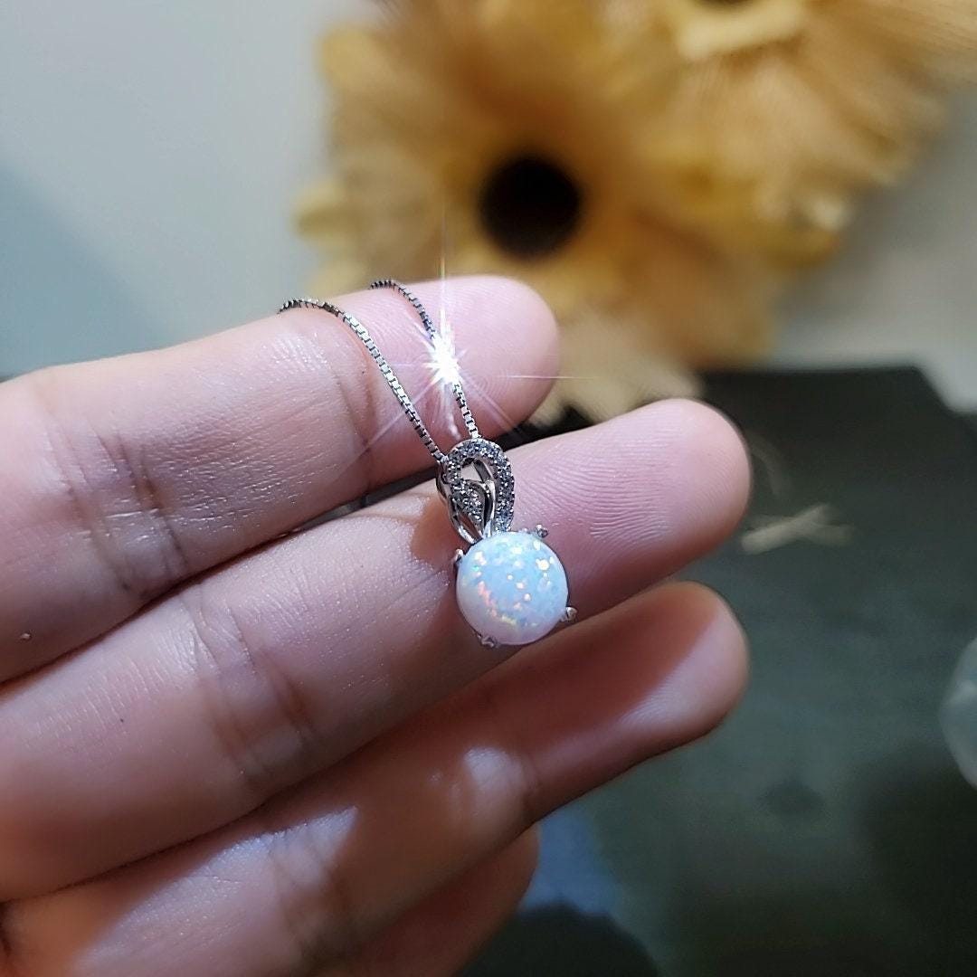 Single White Opal Necklace Sterling Silver Solitaire Simple Delicate 8 MM Fire Opal Pendant 083