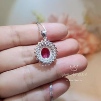 Large Double Gemstone Circle Halo Ruby Necklace Sterling Silver White Gold plated Ruby Jewelry #541