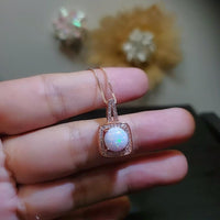 Rose Gold Opal Necklace - Square White Opal Pendant - Rose Gold Coated Sterling Silver Box Opal Jewelry