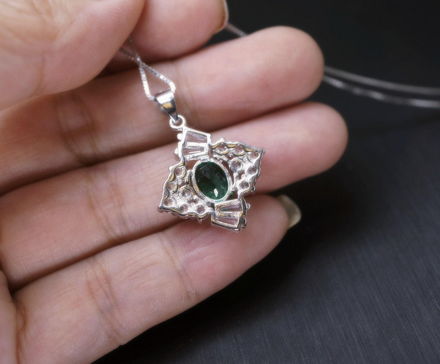 Emerald Necklace Sterling Silver Square Green emerald pendant May birthstone 1026