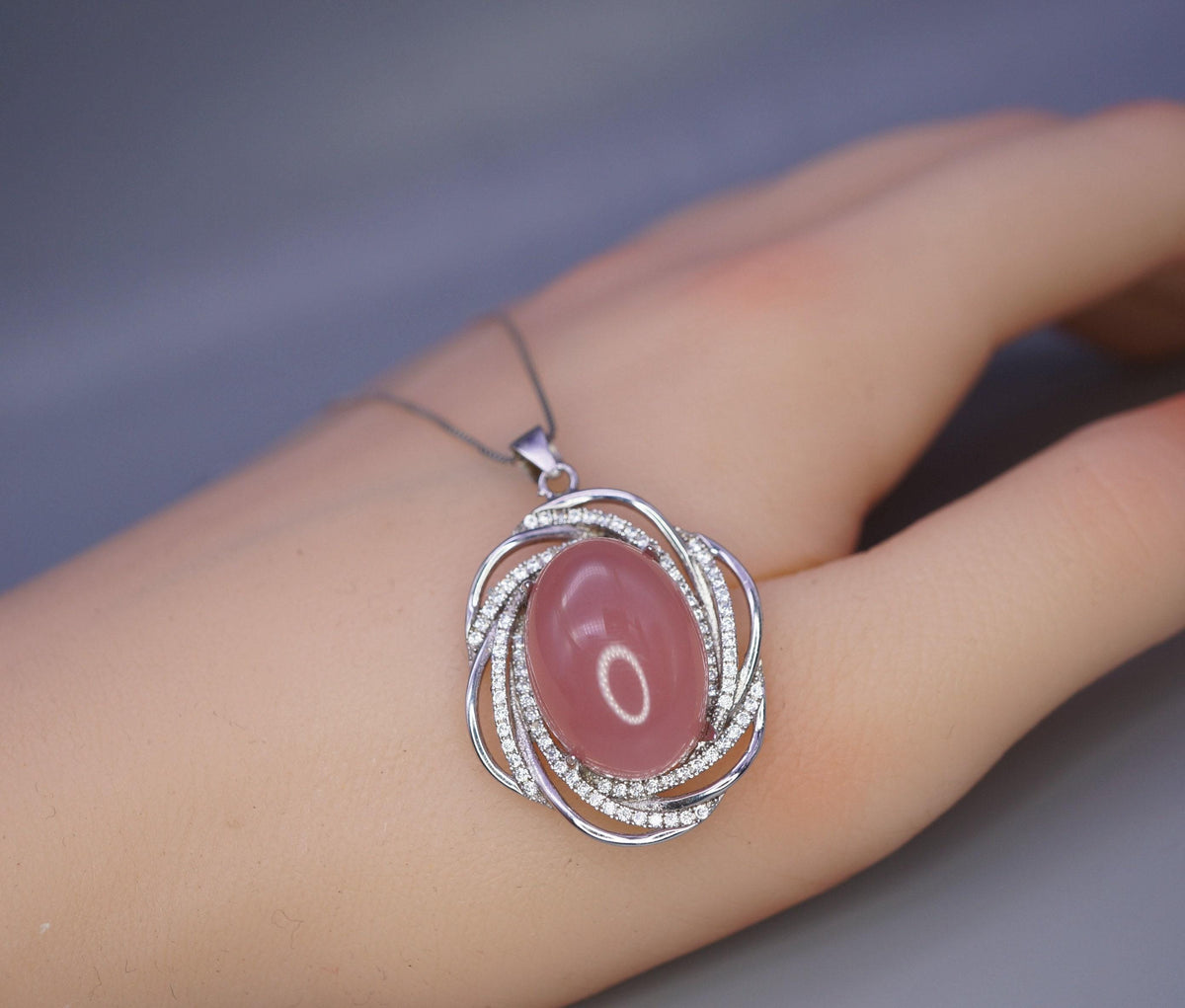 Natural Pink Chalcedony Necklace - 18KGP @ Sterling Silver - Diamond Net Pink Gemstone - Genuine Pink Chalcedony Pendant 1070