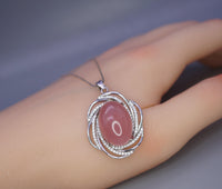 Natural Pink Chalcedony Necklace - 18KGP @ Sterling Silver - Diamond Net Pink Gemstone - Genuine Pink Chalcedony Pendant 1070