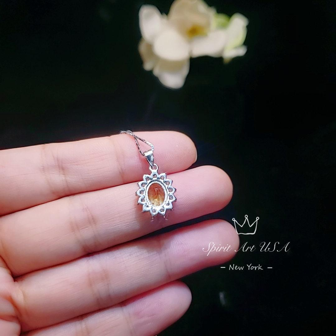 Sterling Silver Genuine Citrine Necklace, Halo Solitaire Citine Pendant, High Quality Fine Citrine Jewelry, diamond Stone 1066
