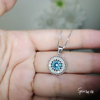 Tiny Aquamarine Necklace - Sterling Silver Sunflower Aquamarine Pendant - Halo Blue Gemstone March Birthstone Aquamarine Jewelry 1104