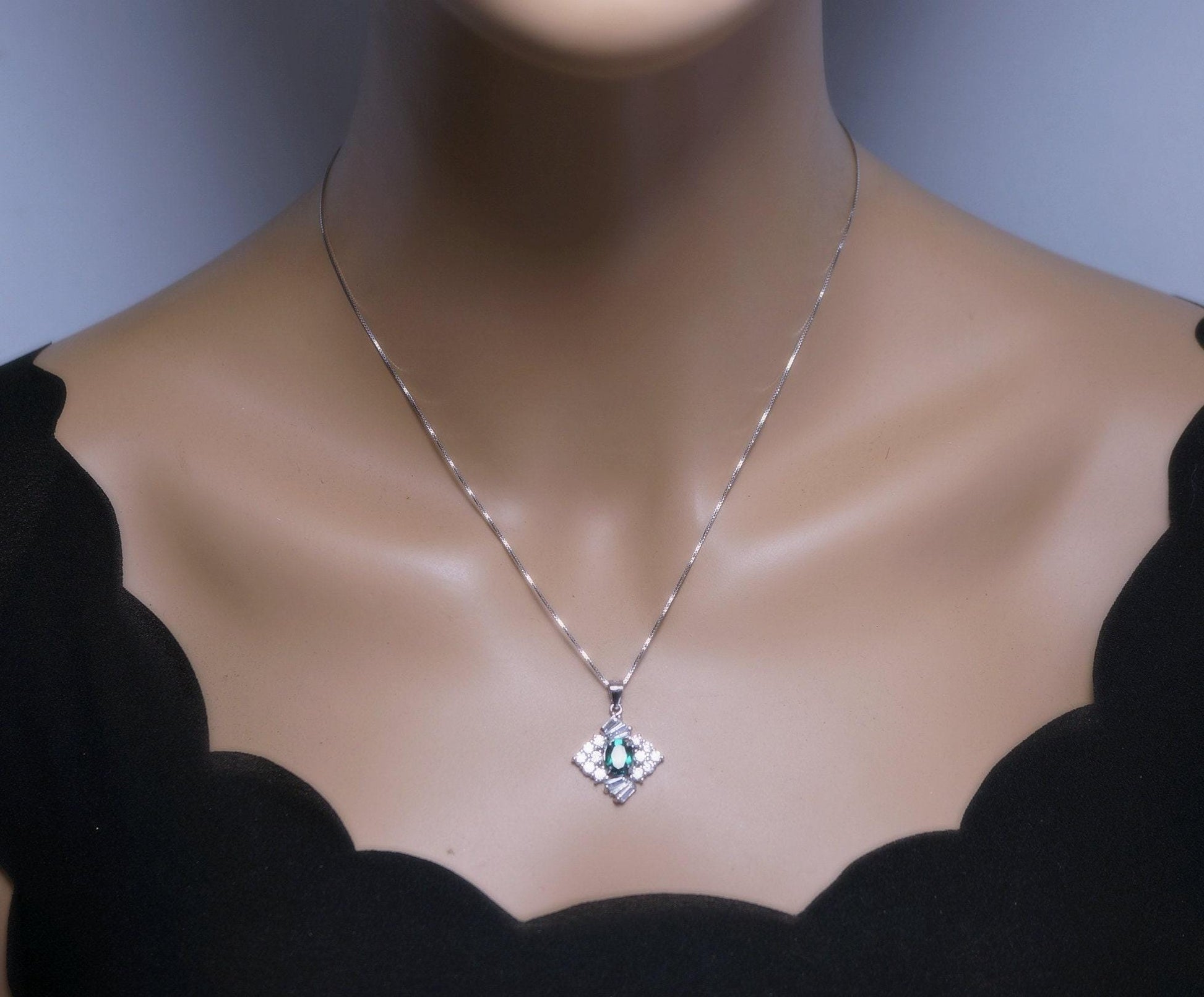 Emerald Necklace Sterling Silver Square Green emerald pendant May birthstone 1026