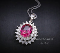 Large Double Gemstone Circle Halo Ruby Necklace Sterling Silver White Gold plated Ruby Jewelry #541
