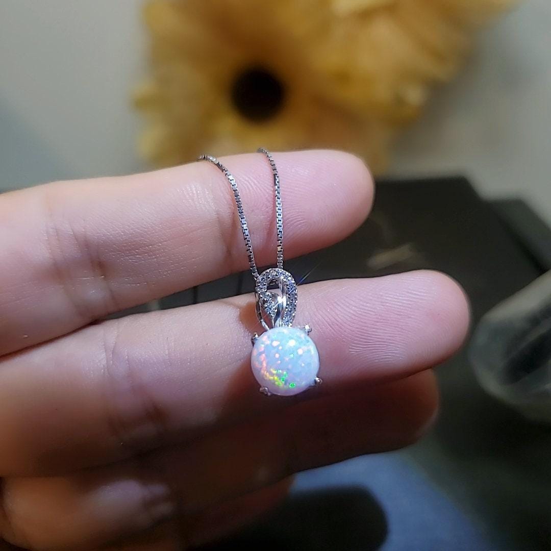 Single White Opal Necklace Sterling Silver Solitaire Simple Delicate 8 MM Fire Opal Pendant 083