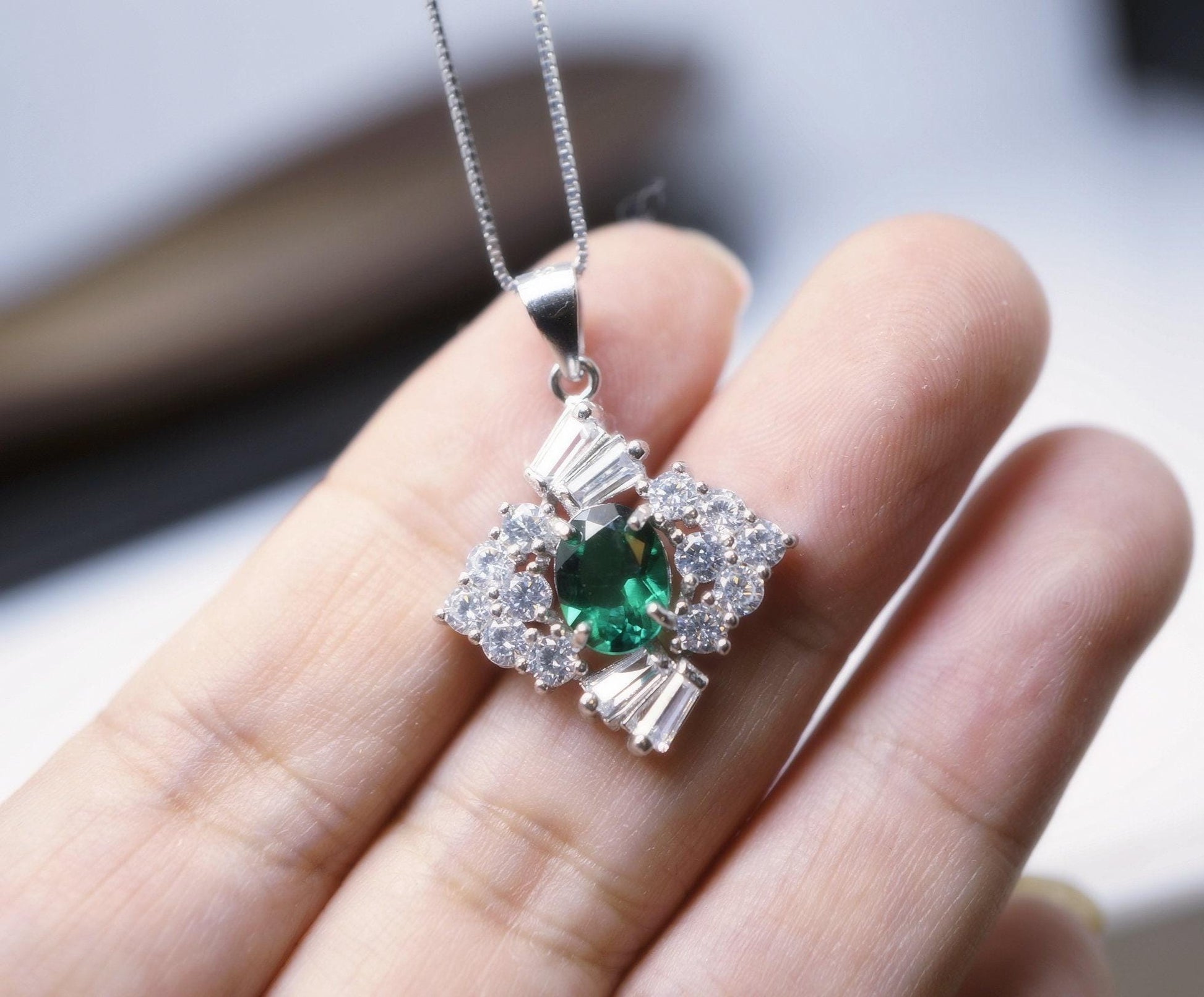 Emerald Necklace Sterling Silver Square Green emerald pendant May birthstone 1026