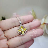 Yellow CZ Necklace - Four Leaf Clover Gold Topaz Pendant - 18KGP @ Sterling Silver - Yellow Citrine Flower Jewelry #1006