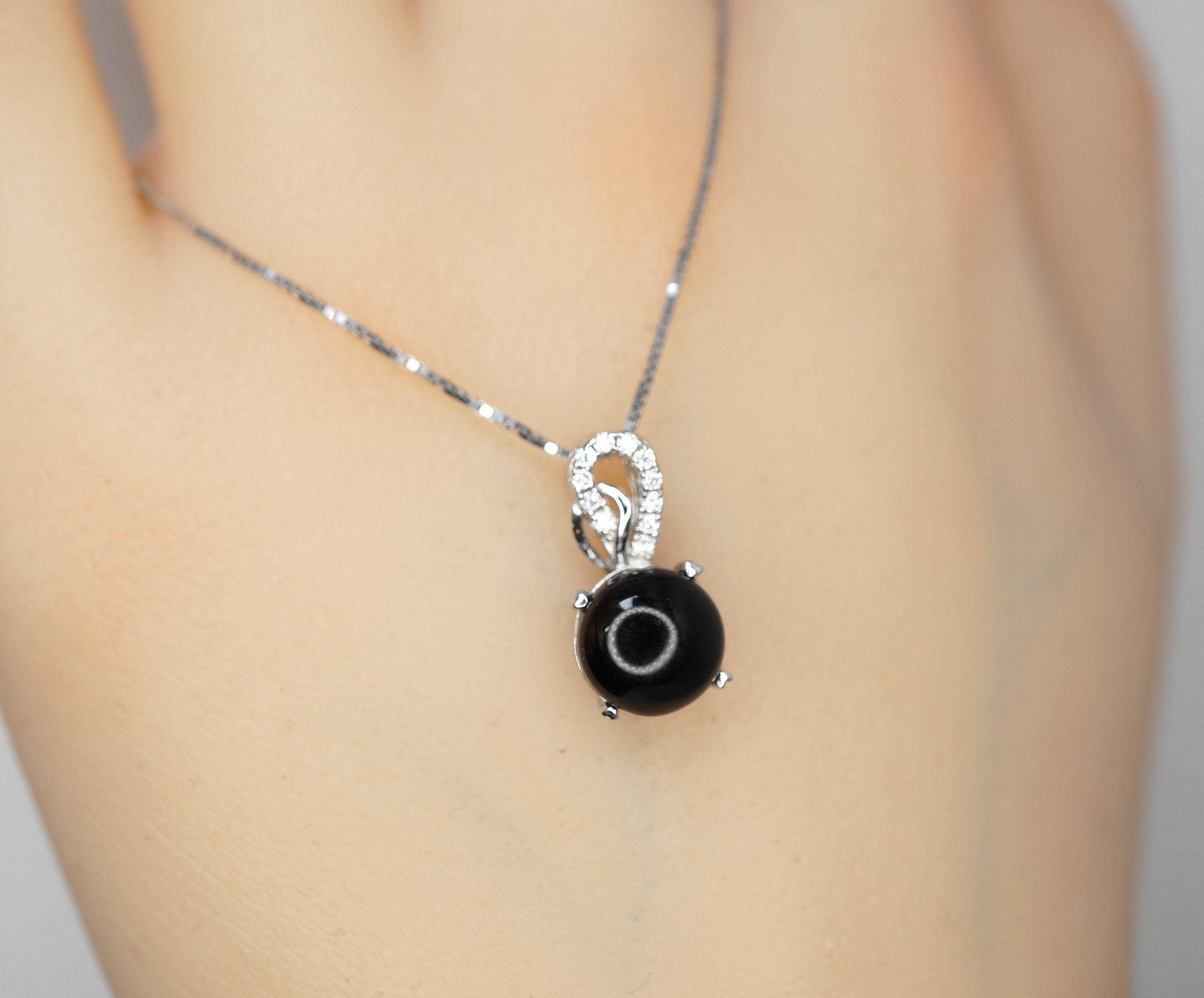 Tiny Black Onyx Necklace Round 1.5 Ct Solitaire Black Onyx Pendant - Sterling Silver White Gold Plated Dainty Black Stone Protective 1088