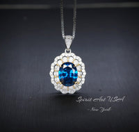 Blue Sapphire Necklace - Double Halo Gemstone - Blue Sapphire Pendant 18KGP @ Sterling Silver - September Birthstone - 2.3CT Oval #592