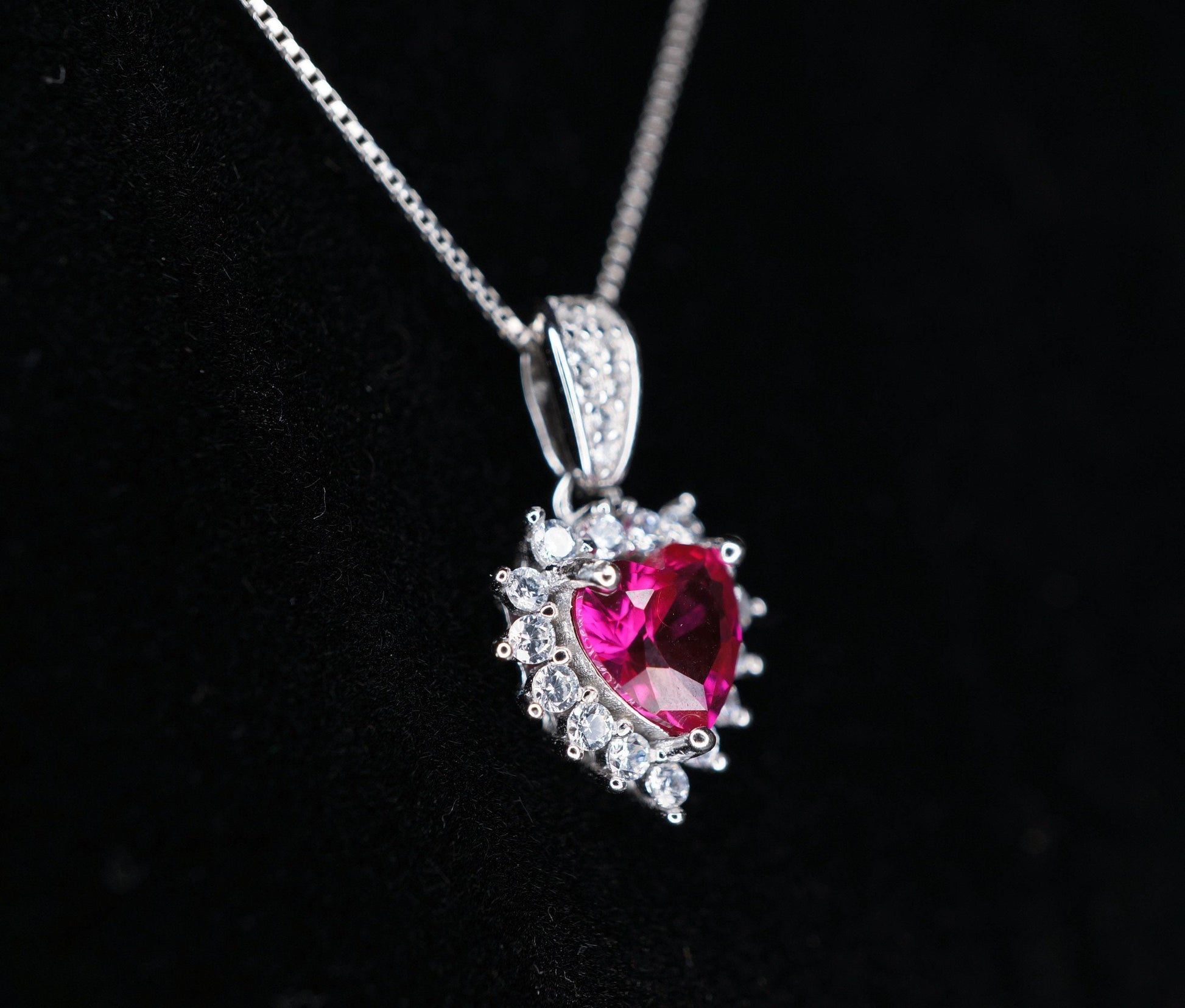 Dainty Heart Red Ruby Necklace Sterling Silver - July Birthstone - Tiny Mini Gorgeous Halo Red Ruby Pendant small heart jewelry #063