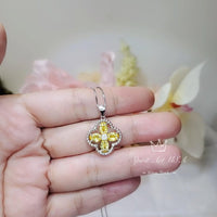 Yellow CZ Necklace - Four Leaf Clover Gold Topaz Pendant - 18KGP @ Sterling Silver - Yellow Citrine Flower Jewelry #1006