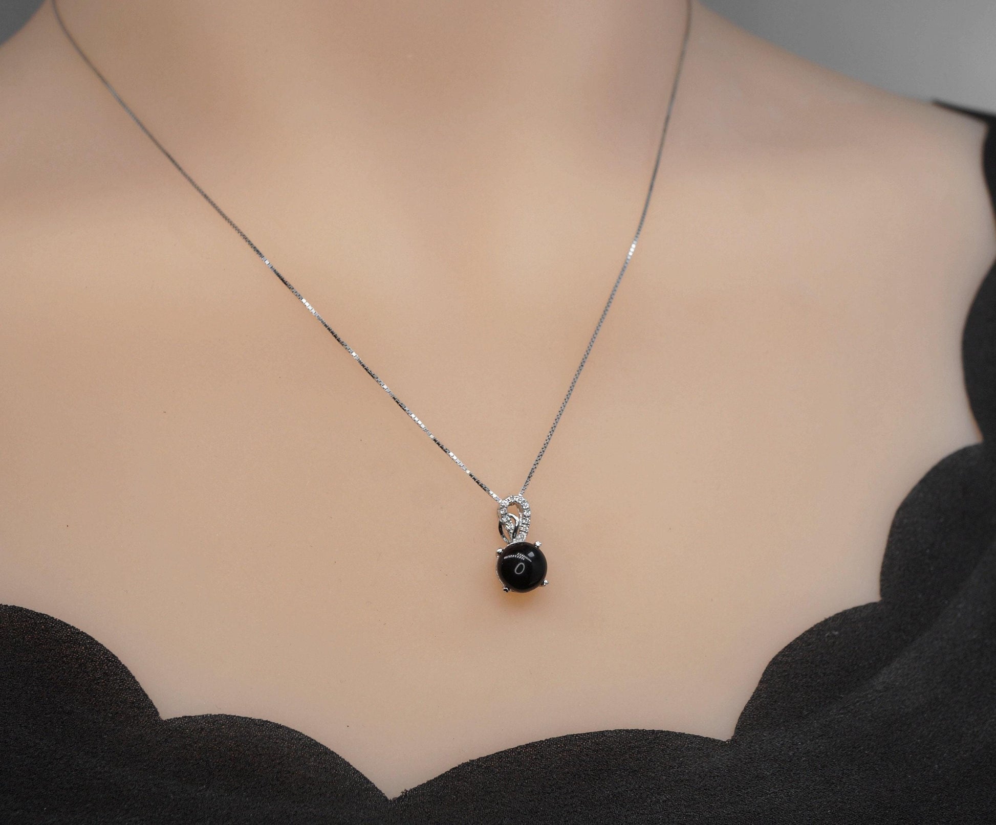 Tiny Black Onyx Necklace Round 1.5 Ct Solitaire Black Onyx Pendant - Sterling Silver White Gold Plated Dainty Black Stone Protective 1088