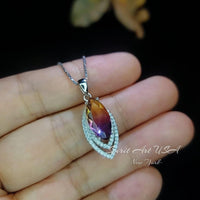 Ametrine Necklace Marquise Cut - White Gold Coated Full Sterling Silver - Large 3 CT Ametrine Pendant Diamond Leaf Navette Style