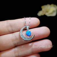 Crescent Blue Opal Moon Necklace Full 925 Sterling Silver Two Pendant wear Opal Pendant #225